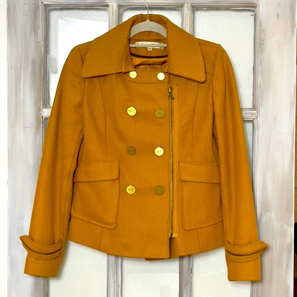 Kenneth Cole New York Mustard Wool Pea Coat Gold Buttons Zip Front Jacket Size 4